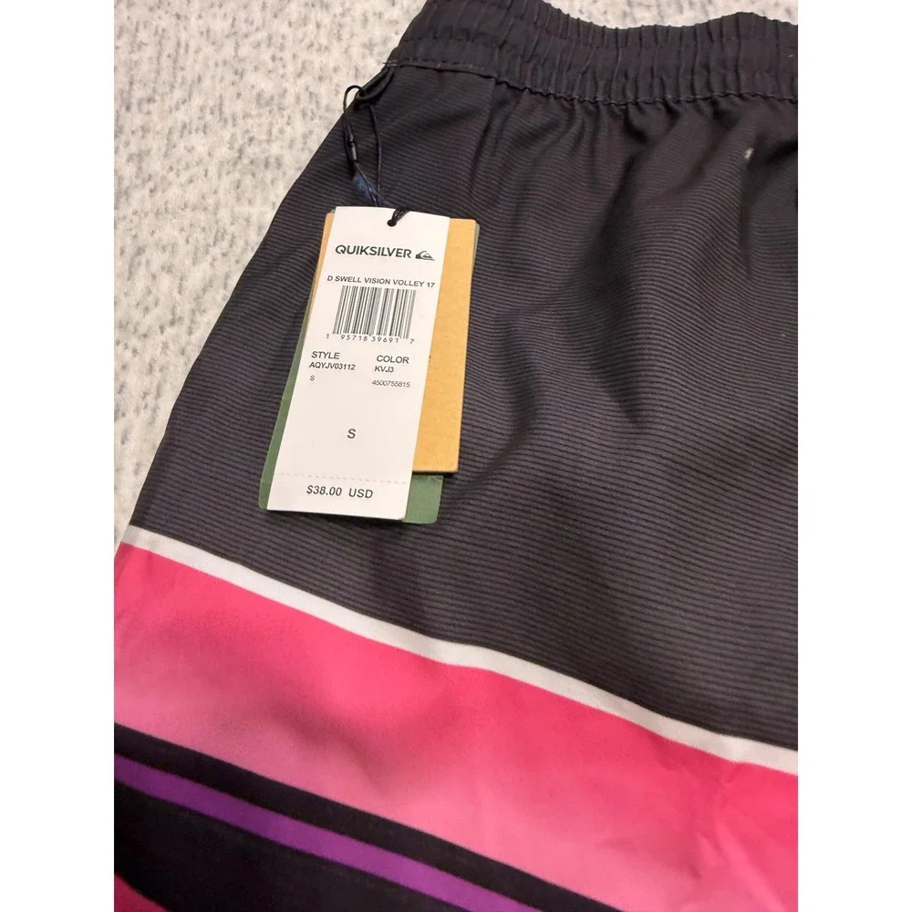 Quiksilver Men D Swell Vision Volley 17 Swim Trunks Black Pink Stripe Size S NWT